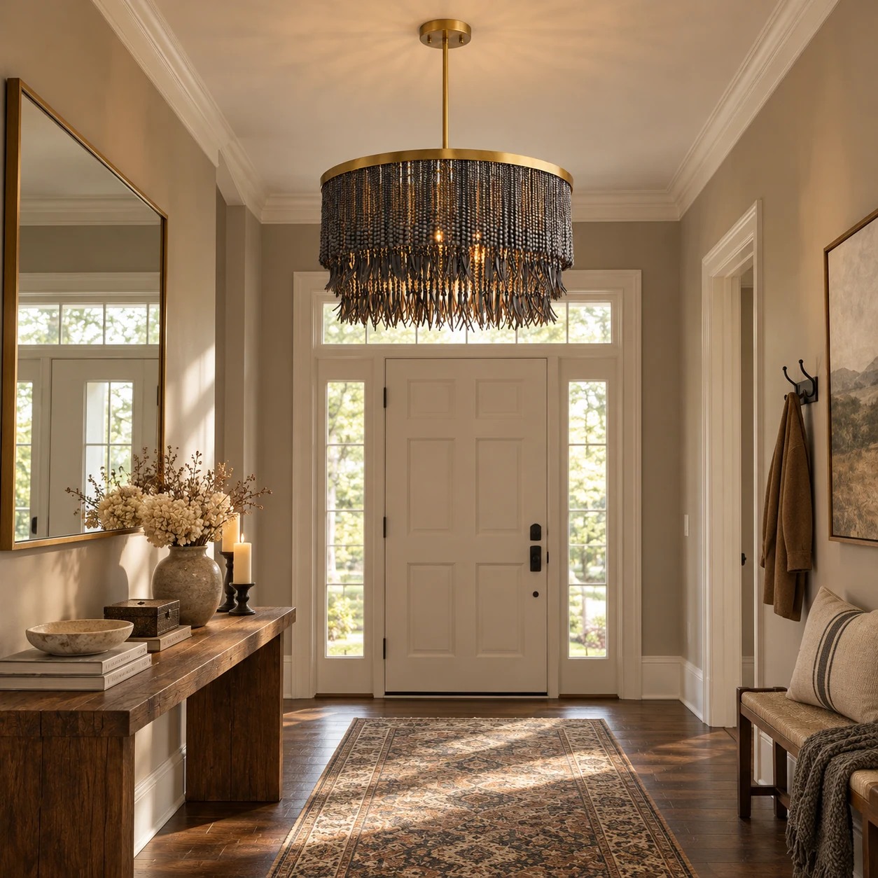 Liora charcoal wood-bead chandelier installed in a foyer entry