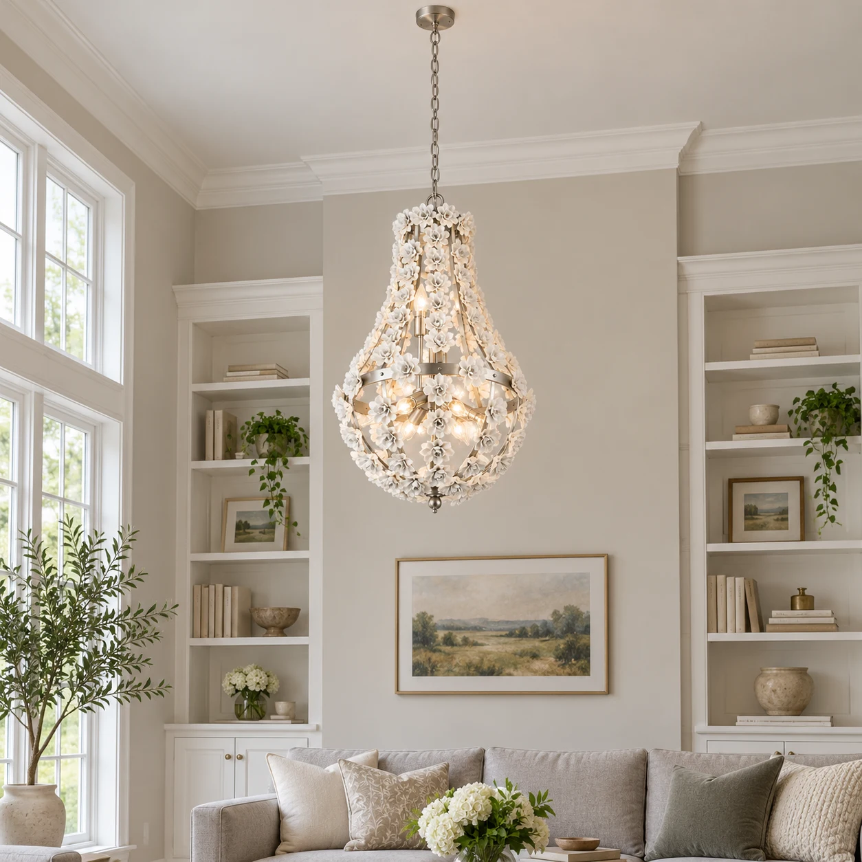 Silver floral teardrop chandelier in an American living room corner