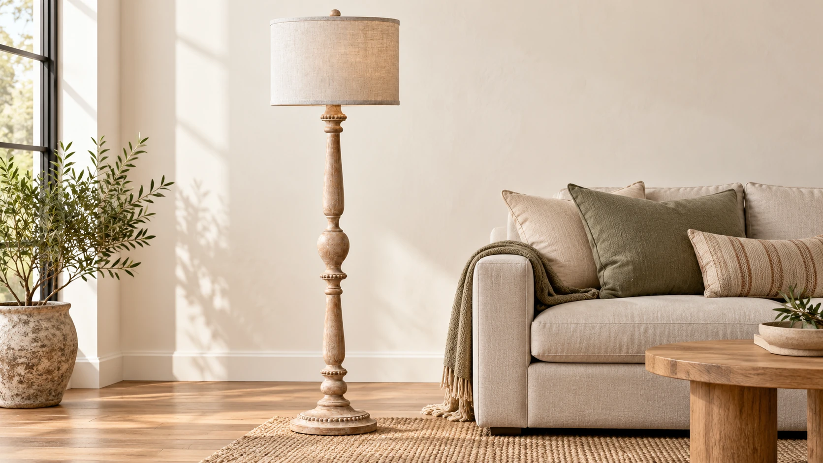 Turned wood floor lamp beside a sofa in a living room