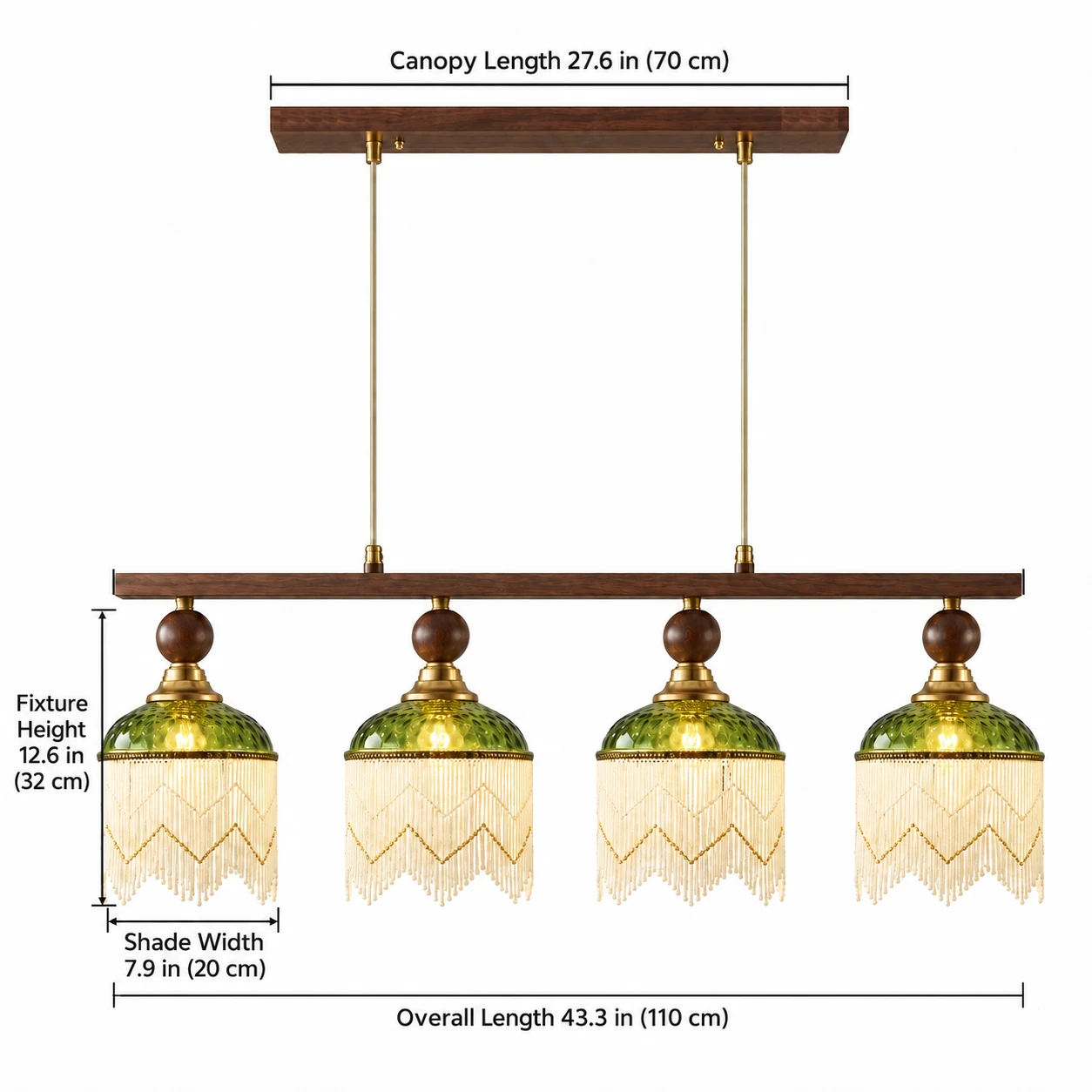 Wushlp Vintage Four-Light Green Glass Linear Pendant Light verified dimensions