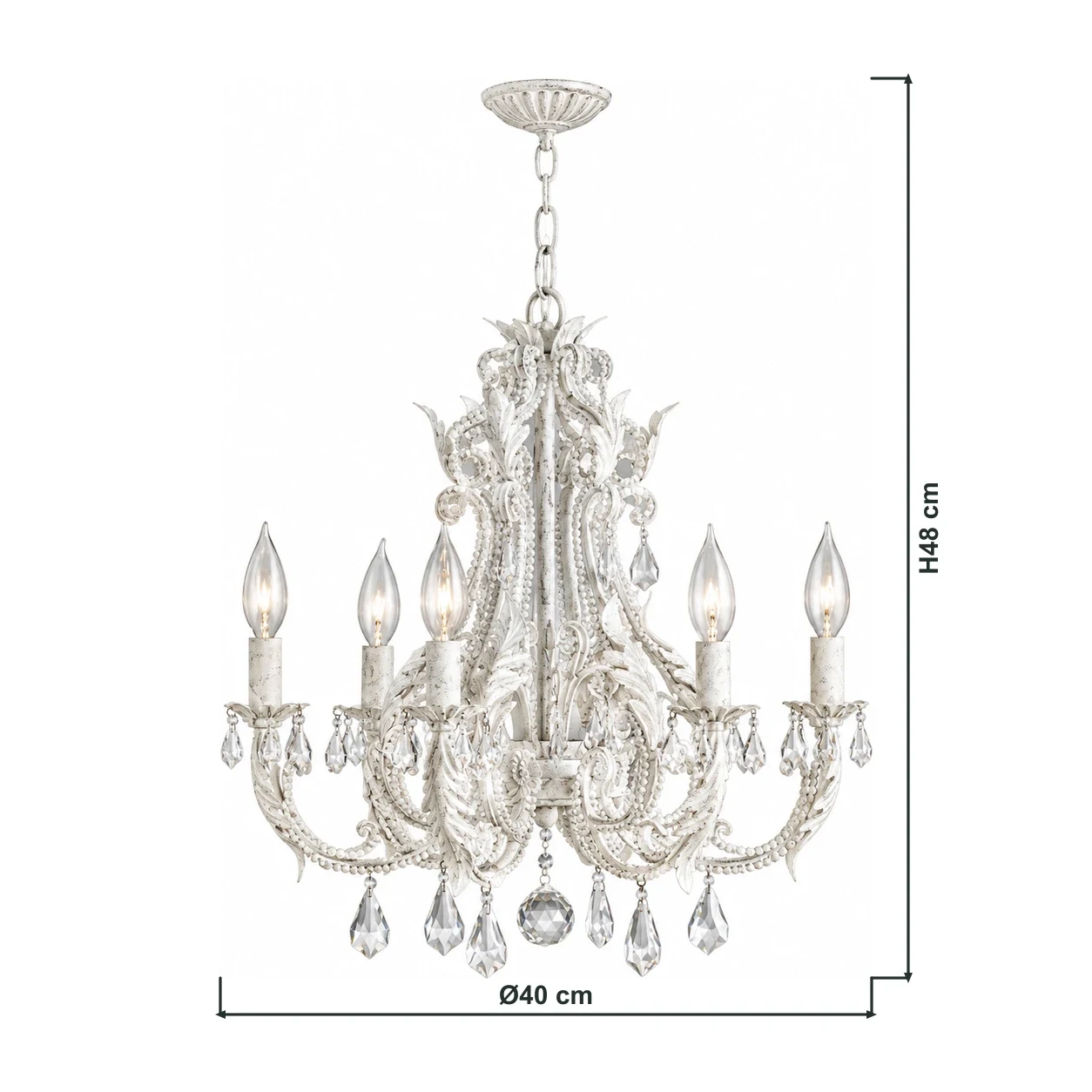 6-Light Camille chandelier dimensions: Ø40 cm × H48 cm, with dimension lines connected to the product outline