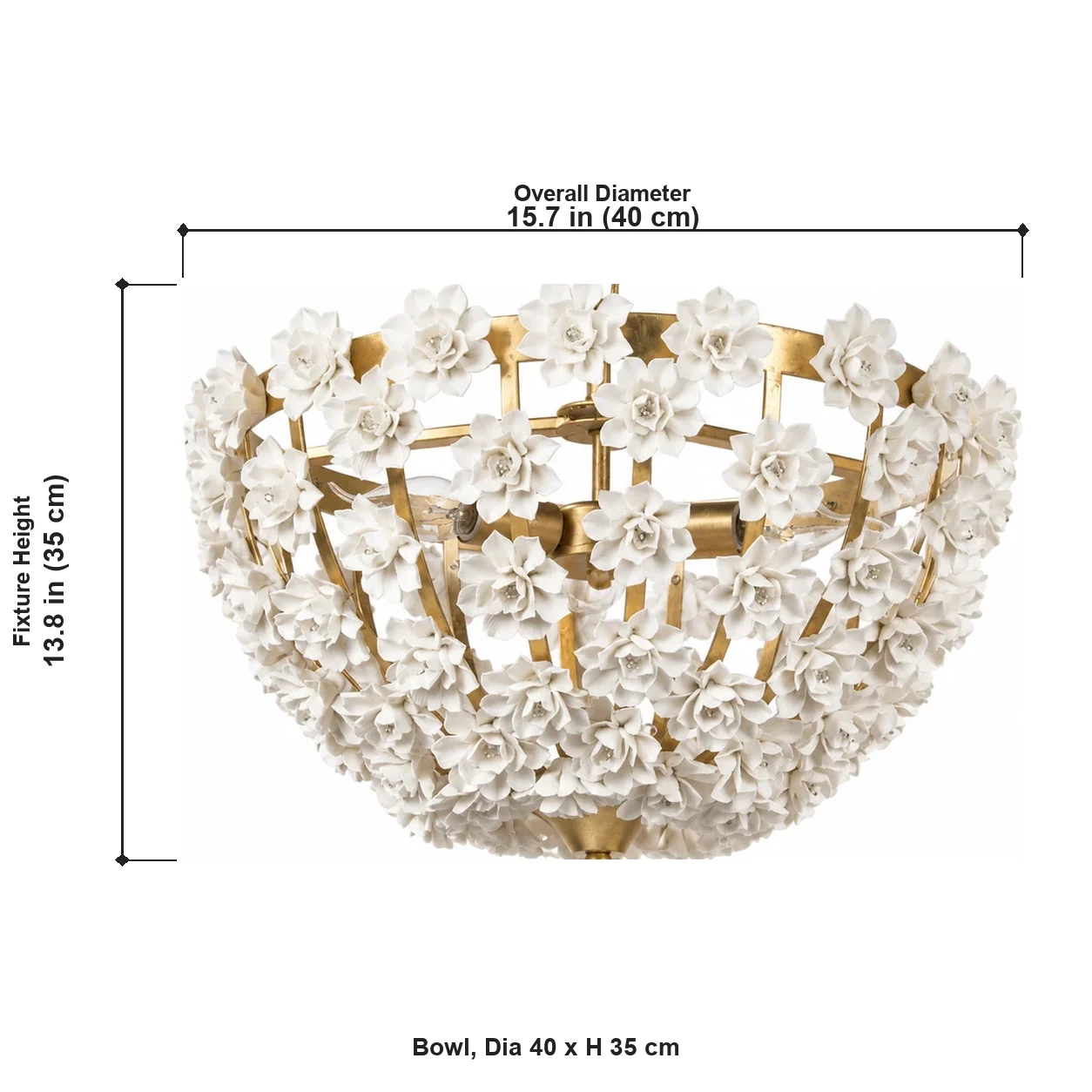 Bowl chandelier dimensions, diameter 40 cm and fixture height 35 cm