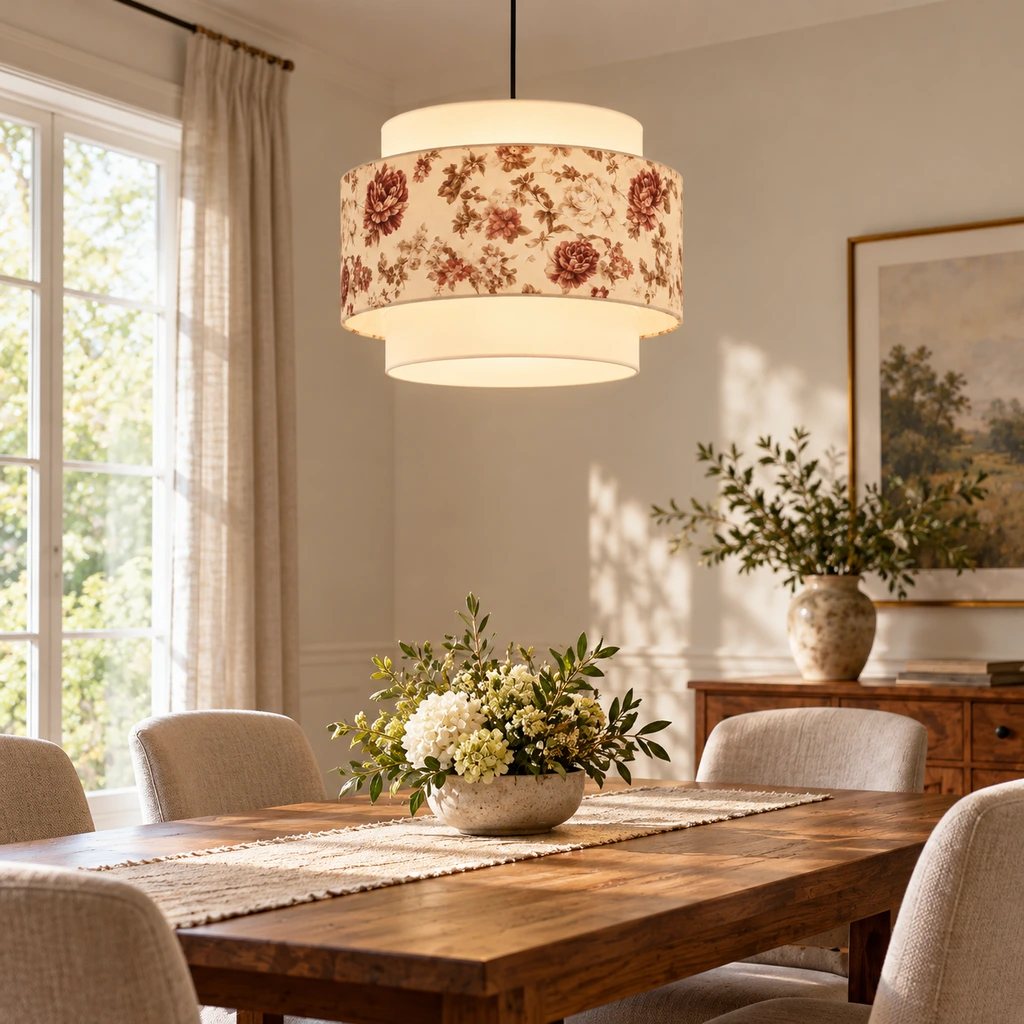 Mina floral pendant light above a dining table