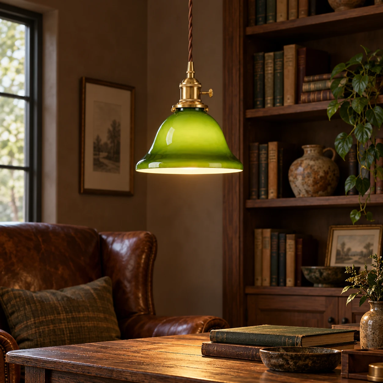 Green glass pendant lamp glowing in a library reading nook