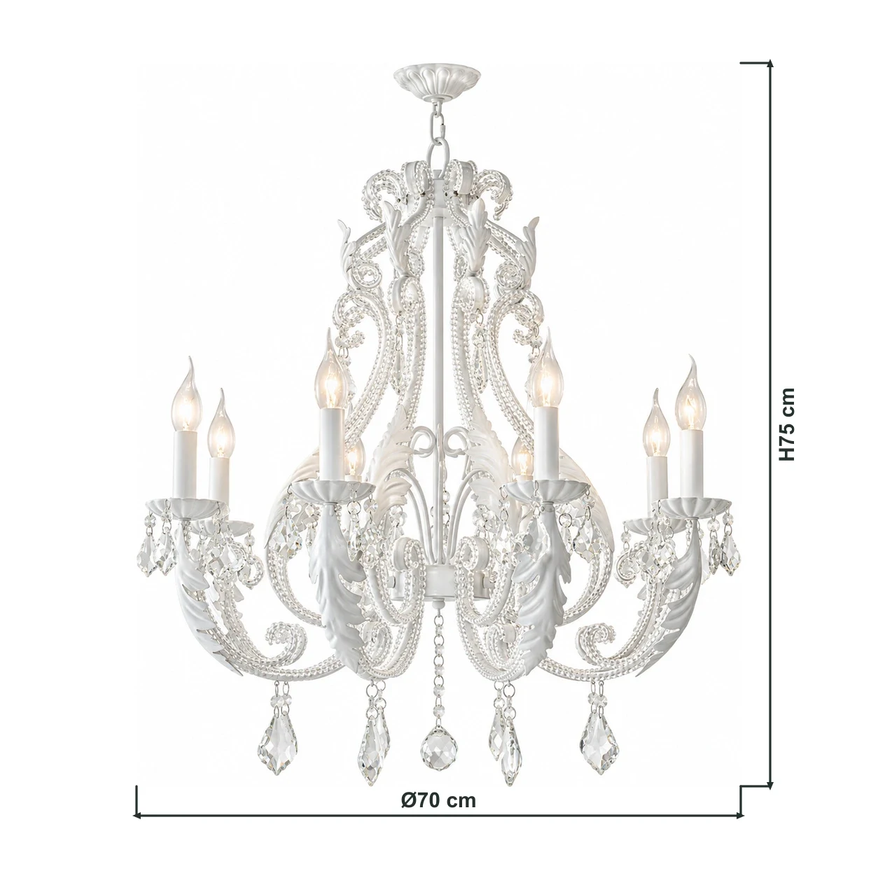 8-Light Camille chandelier dimensions: Ø70 cm × H75 cm, with dimension lines connected to the product outline