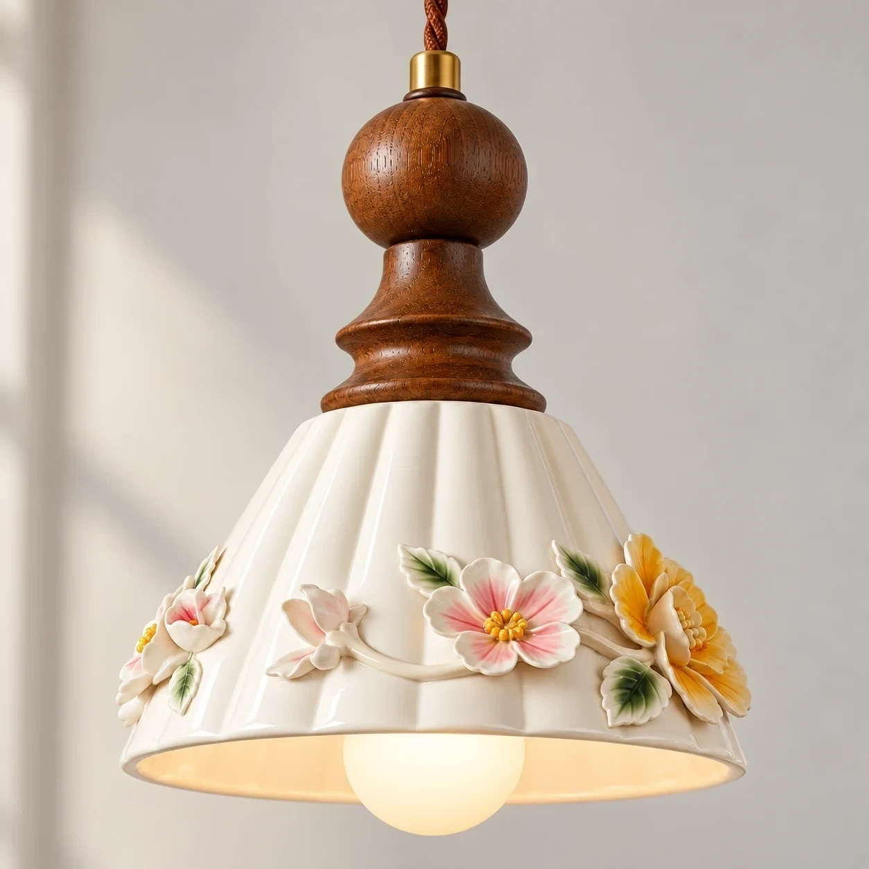 Close view of the fluted ceramic floral shade