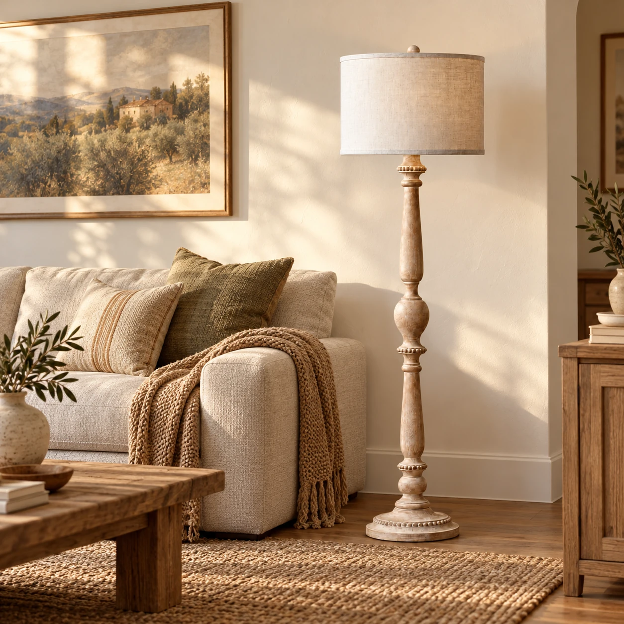 Floor lamp beside a sofa in a living room