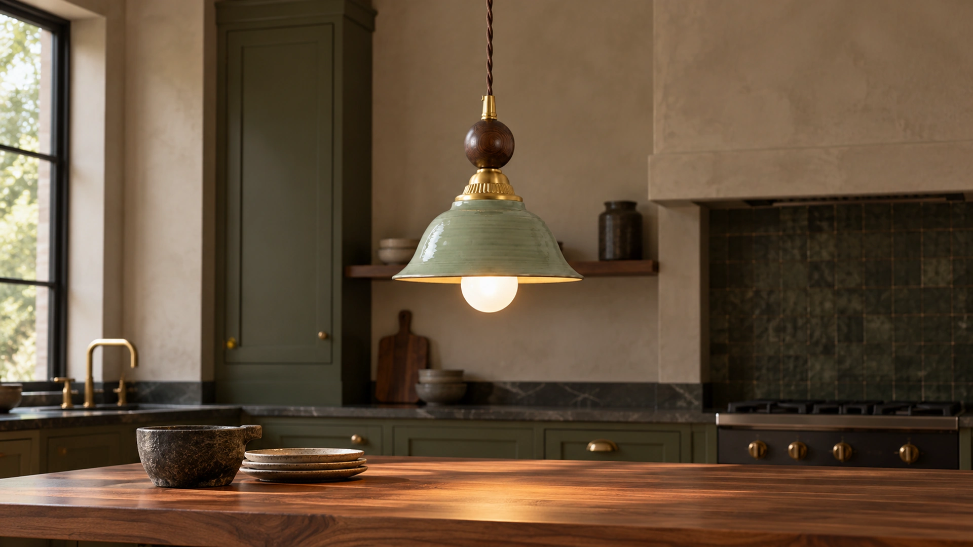 Vintage Green-Glazed Ceramic Pendant Light over a craft kitchen island