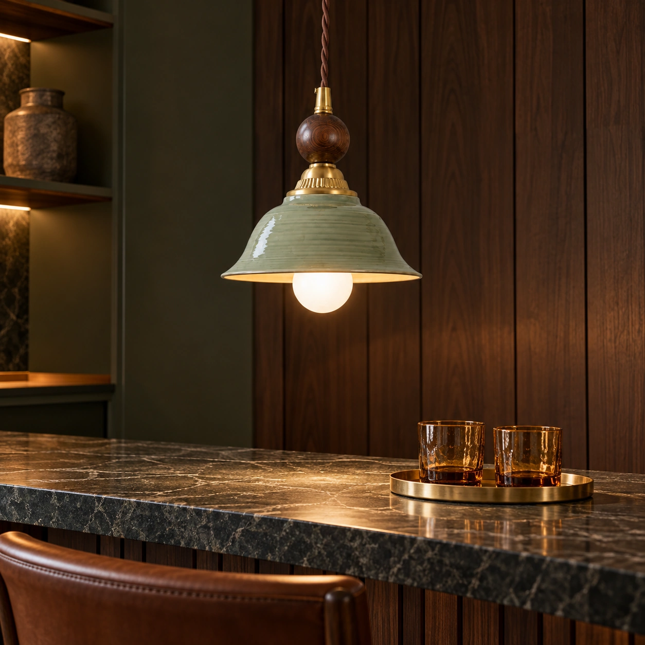 Vintage Green-Glazed Ceramic Pendant Light above a bar counter