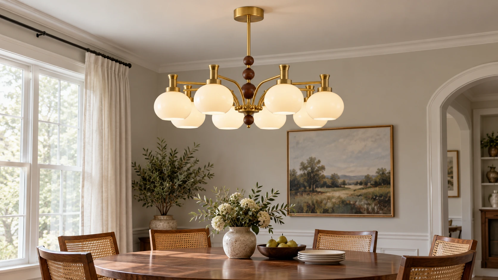 Maeve French multi-light glass wood chandelier above a dining table