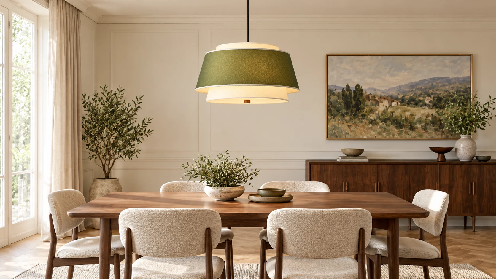 Forest green double-tier fabric pendant light above a vintage dining table