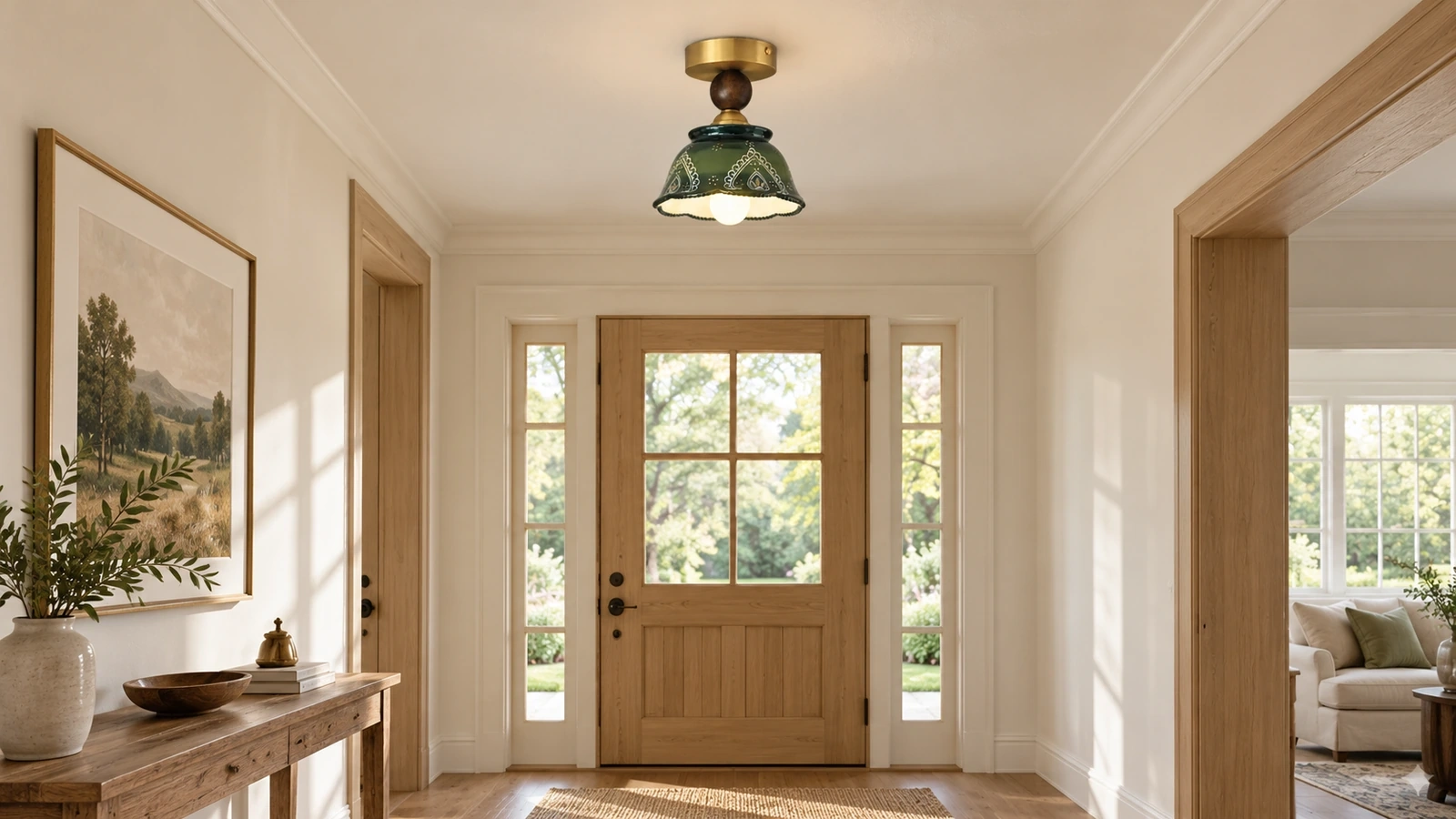 Camille scalloped ceramic flush mount in a family entryway