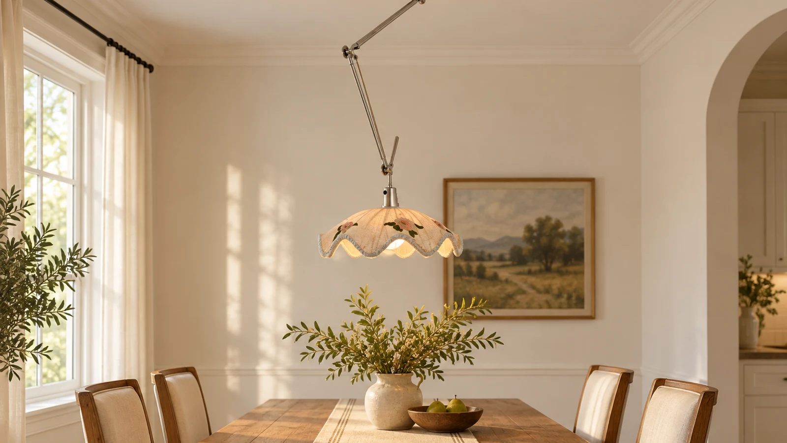 Chrome swing arm pendant light above a dining table