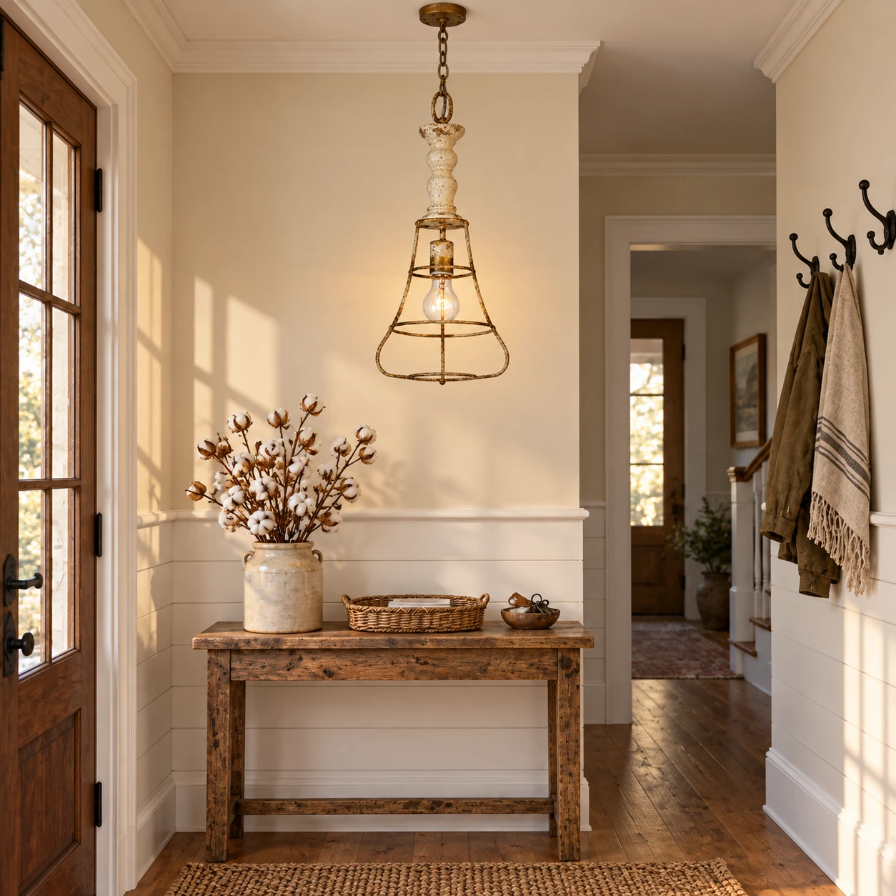 Cage pendant over a farmhouse entry console