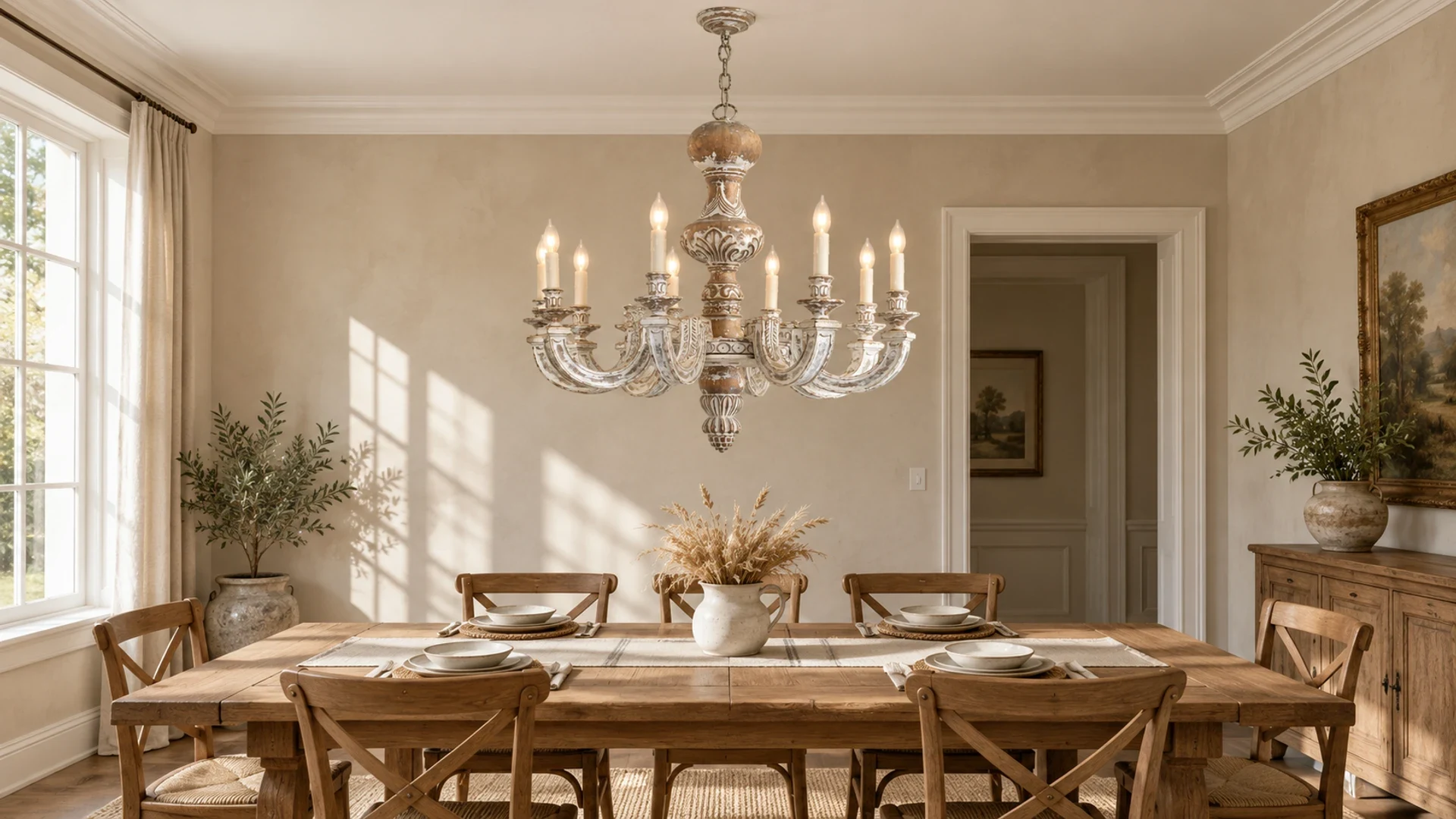 Elowen rustic eight-light wood chandelier over a dining table in a home interior