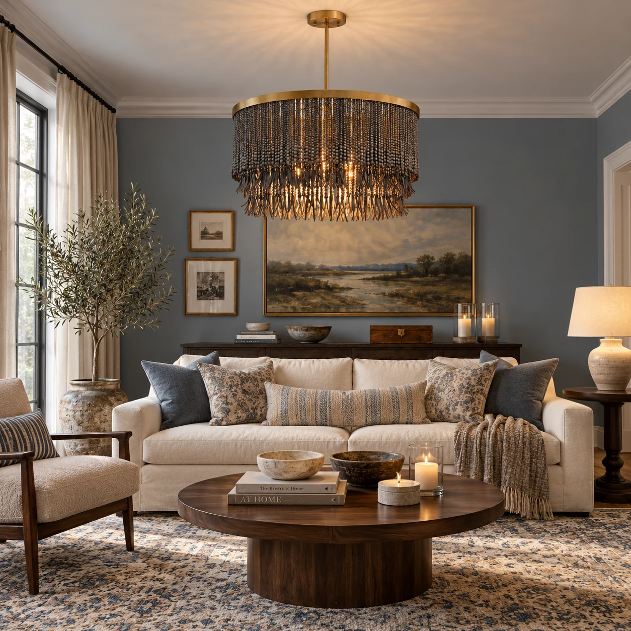 Liora cascading wood-bead chandelier in a living room in charcoal finish