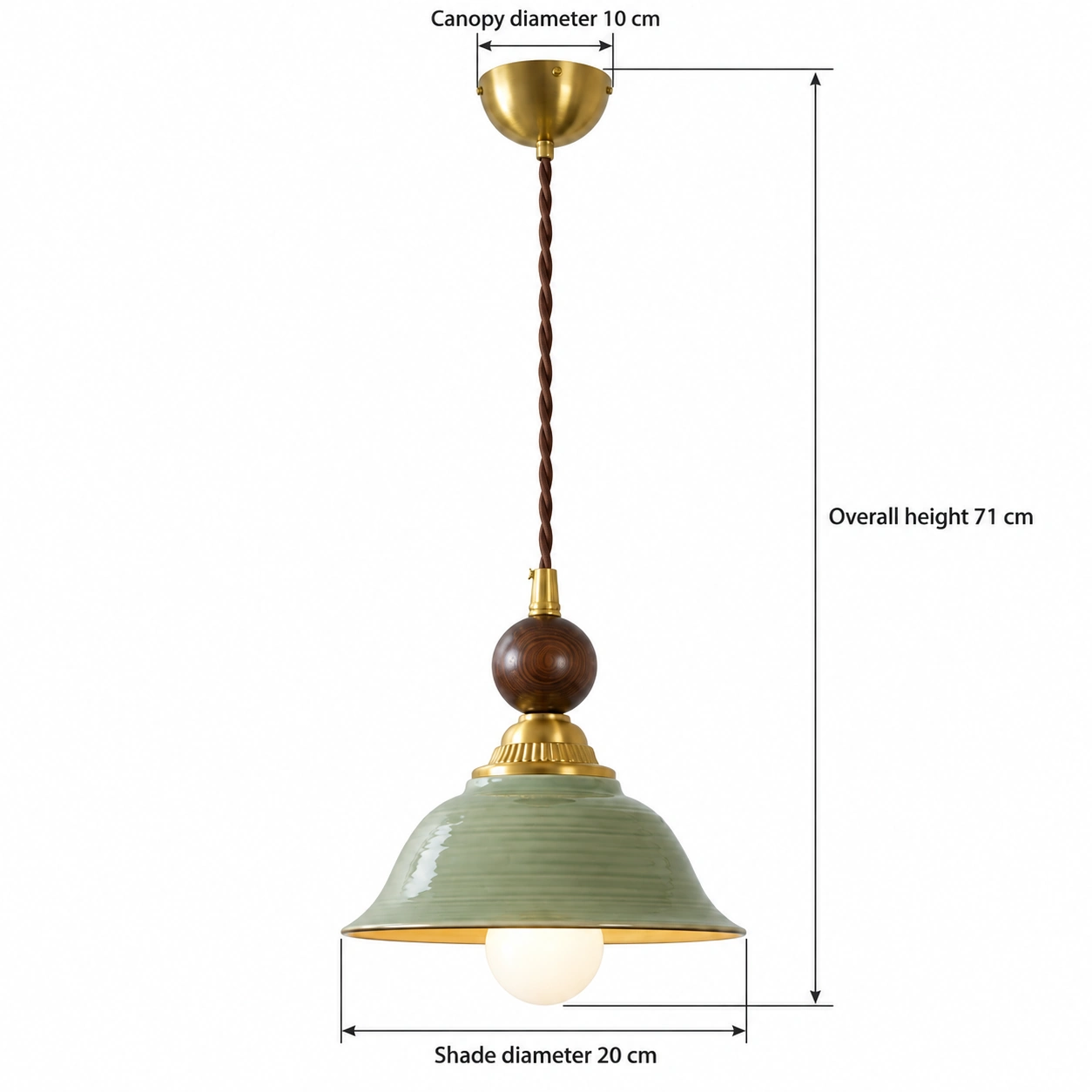 Vintage Green-Glazed Ceramic Pendant Light dimensions, shade diameter 20 cm, overall height 71 cm, canopy diameter 10 cm