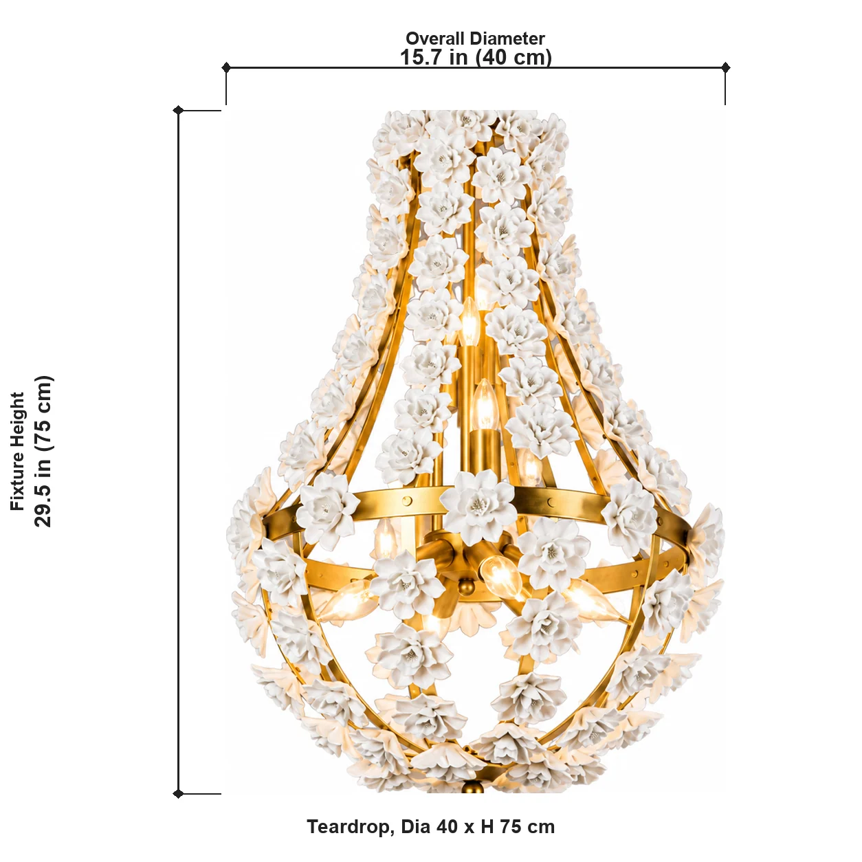 Teardrop chandelier dimensions, diameter 40 cm and fixture height 75 cm
