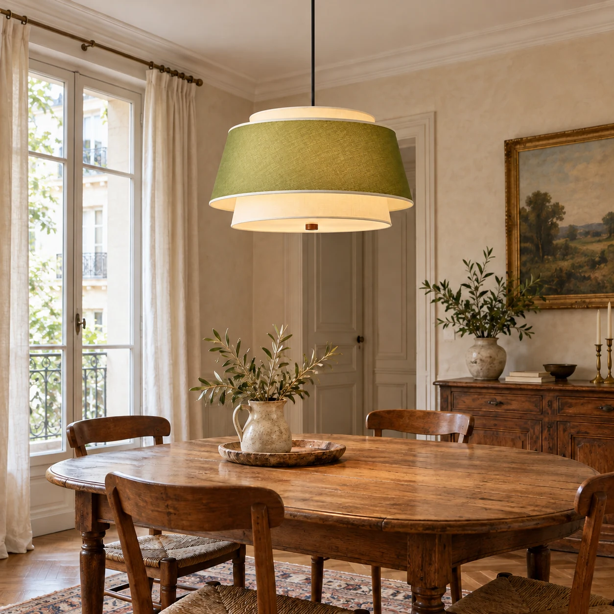 Forest green double-tier fabric pendant over a dining table