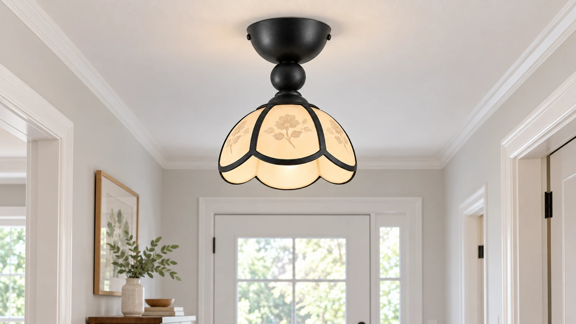 Vintage petal acrylic flush mount ceiling light centered in a bright hallway