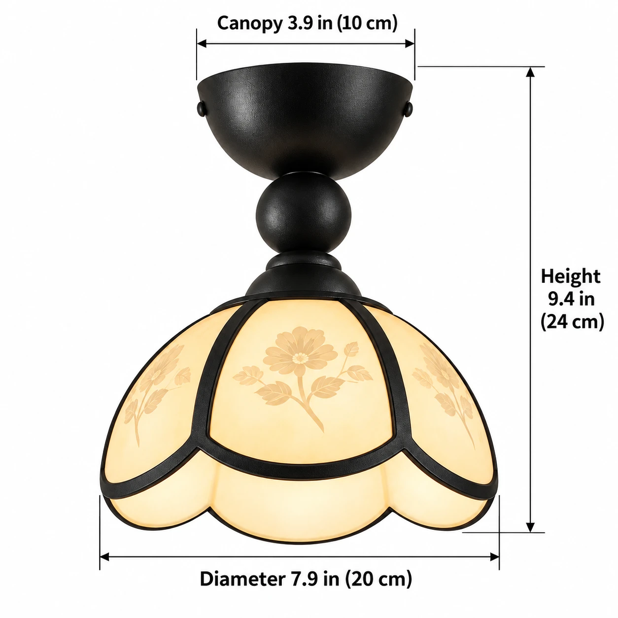 Dimension diagram showing canopy 10 cm, diameter 20 cm, and height 24 cm