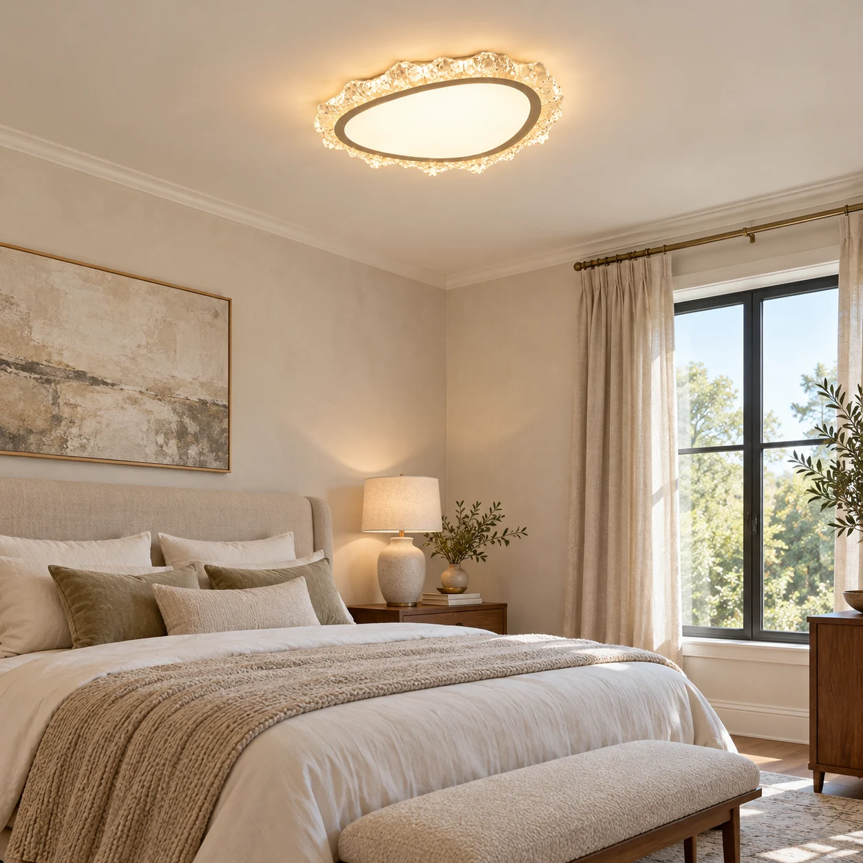 Aurora flush mount in a warm primary bedroom