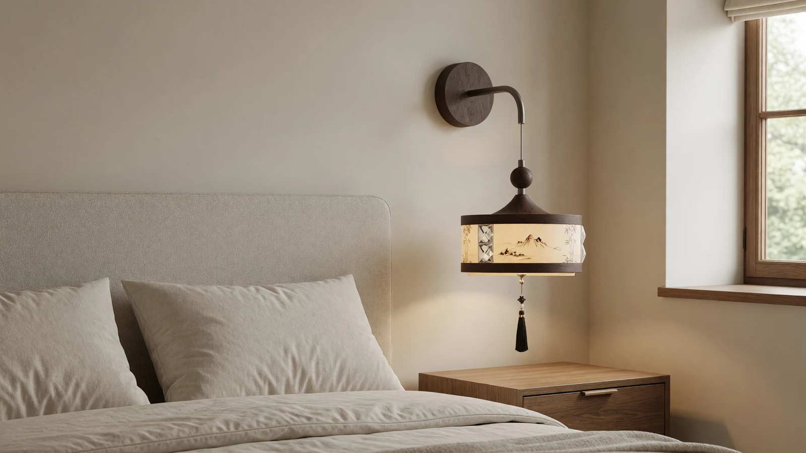 Wide bedroom scene with a small 20 cm wall sconce