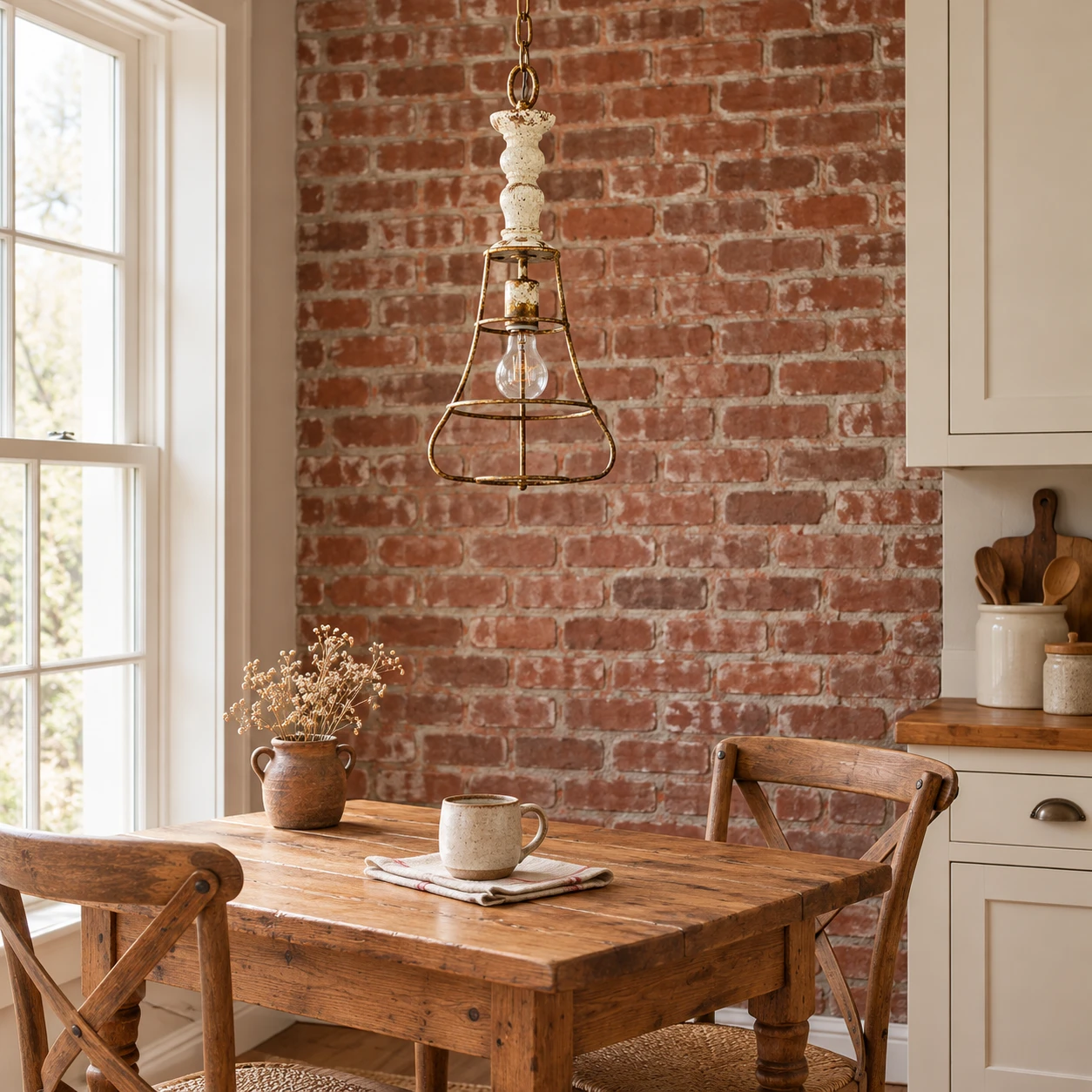 Cage pendant in a brick breakfast nook