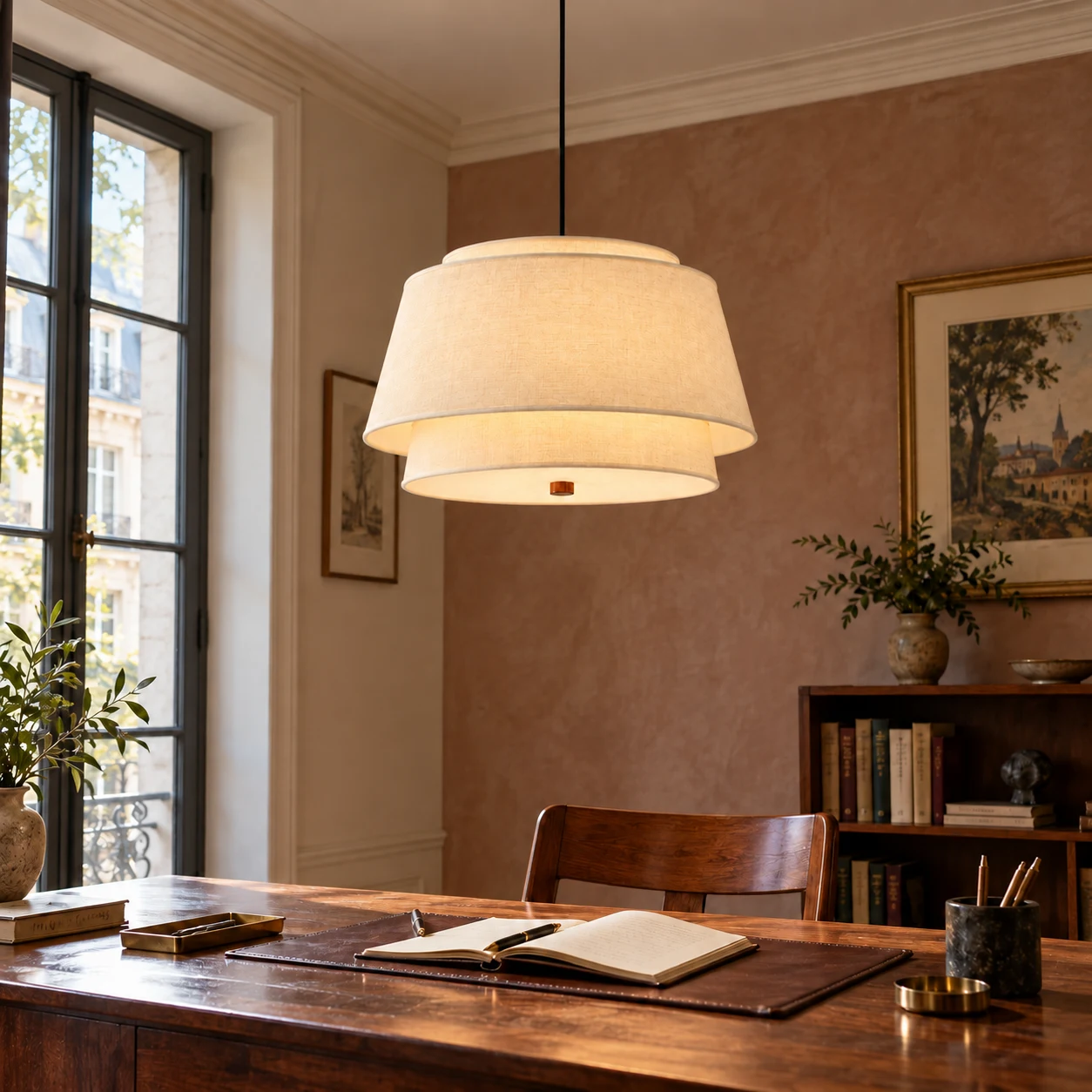 Cream double-tier fabric pendant in a study