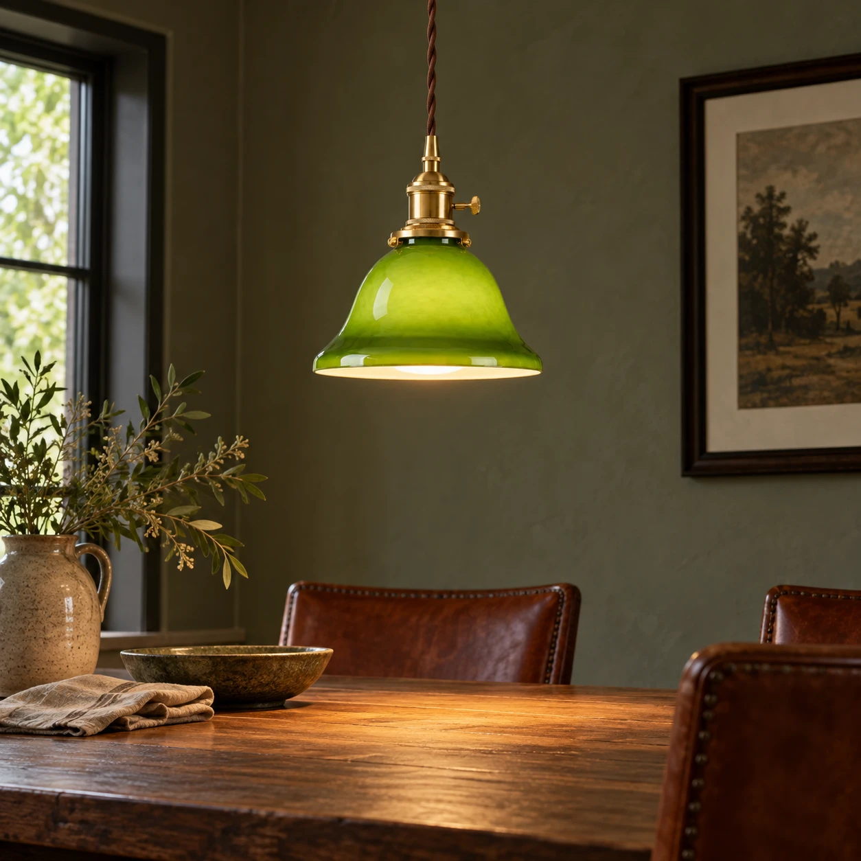 Green glass pendant lamp over a walnut dining table