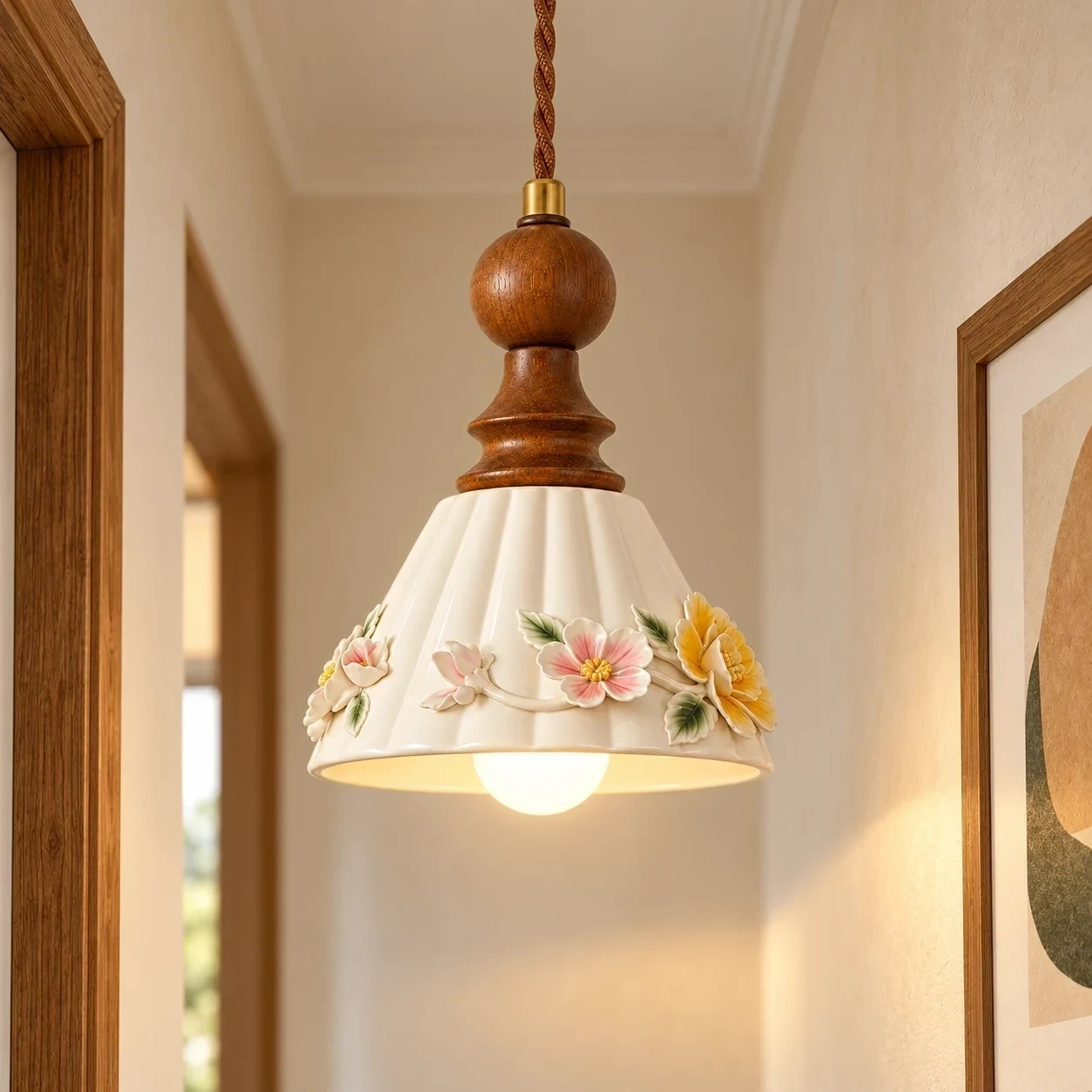 Vintage Floral Ceramic and Wood Pendant Light in a corridor setting