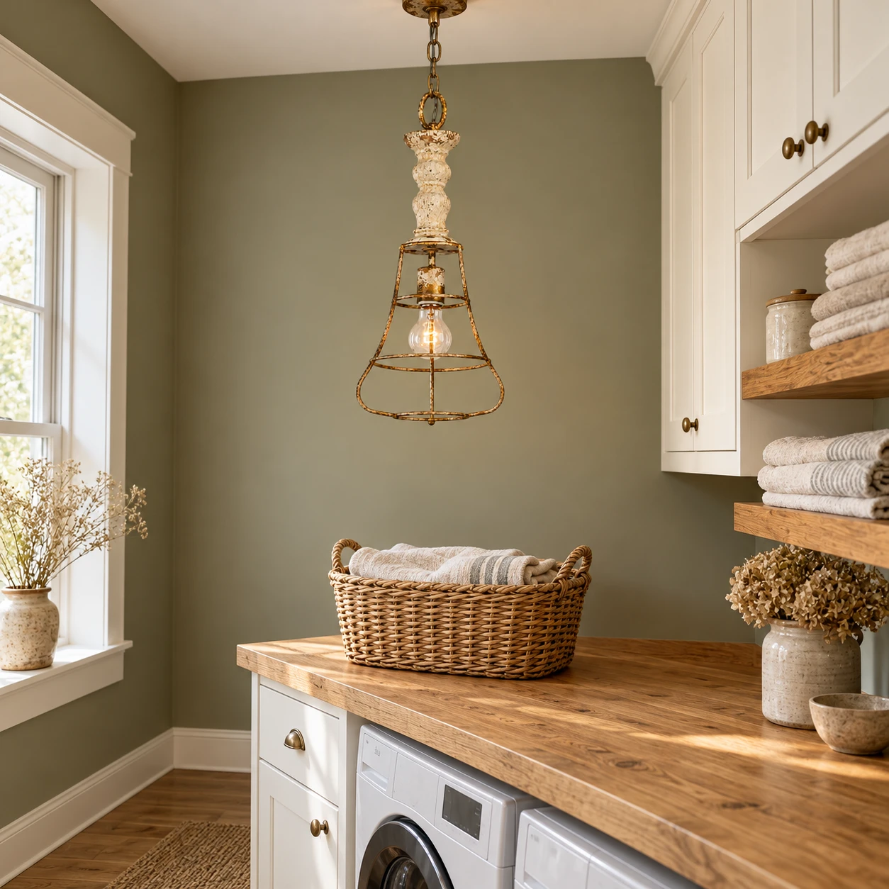 Cage pendant in a utility laundry space