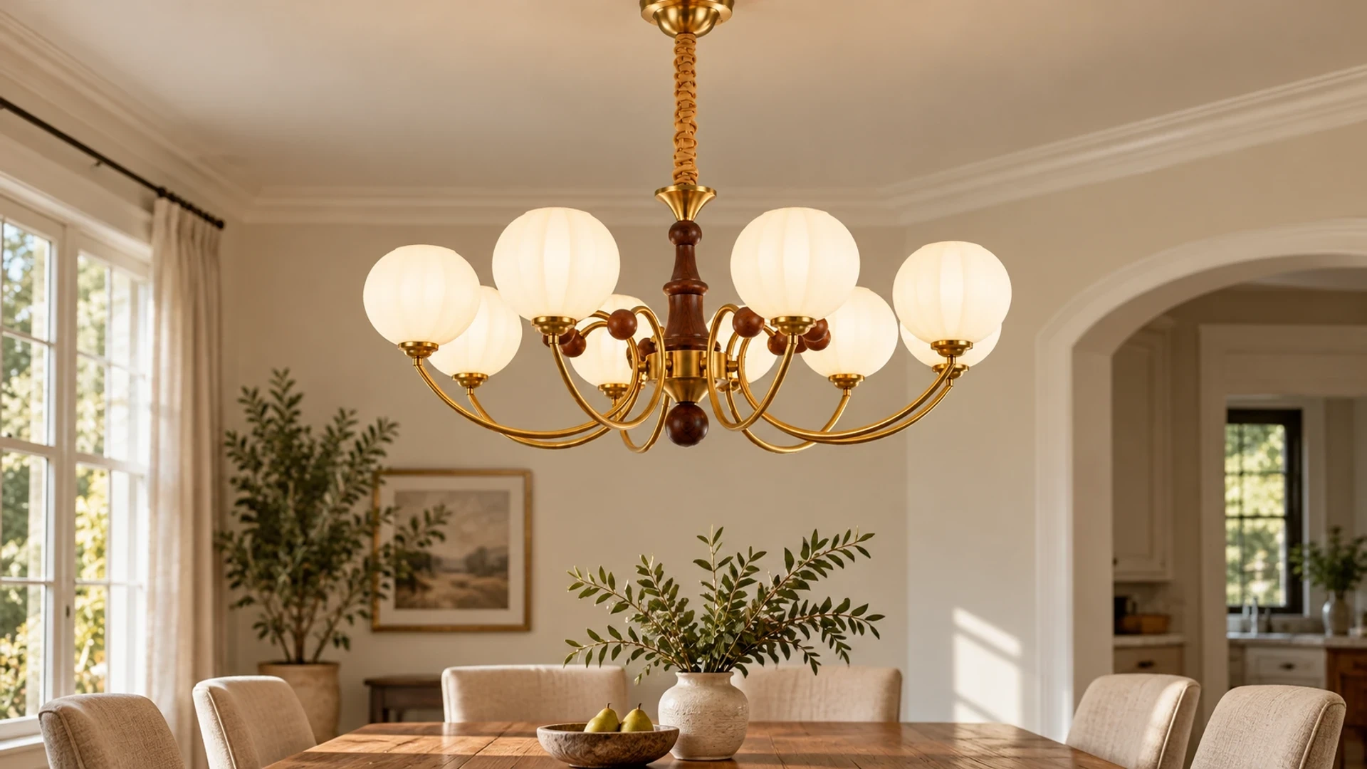 Margot vintage globe wood and glass chandelier in a dining room
