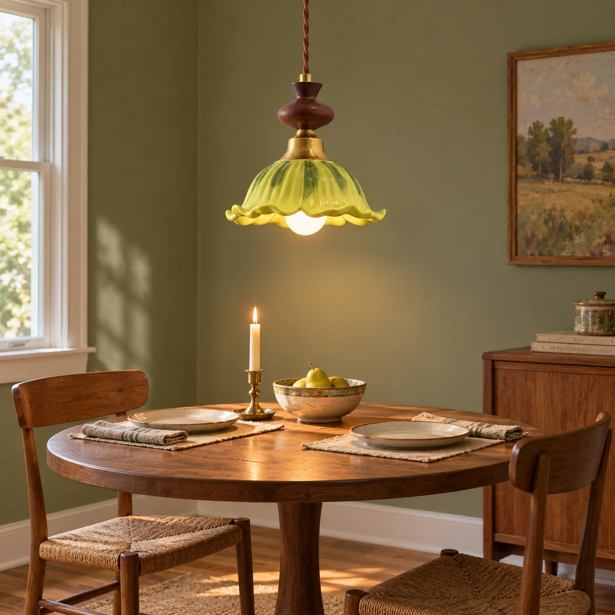 Vintage Green Ceramic and Solid-Wood Pendant Light over a small dining table