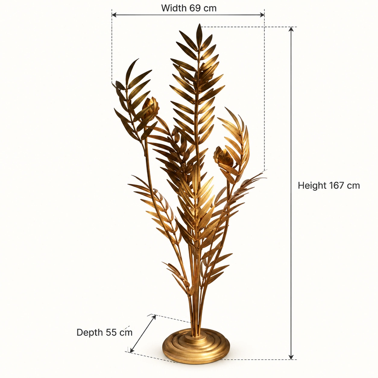 Liora Aged Gold floor lamp dimensions: width 69 cm, depth 55 cm, height 167 cm