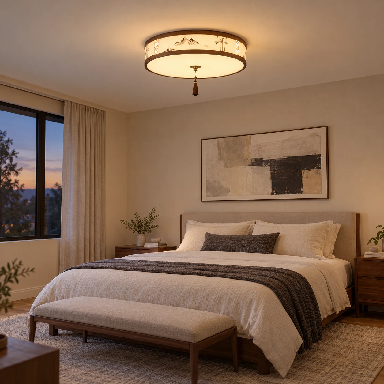 Mei landscape fabric flush mount ceiling light in a modern bedroom
