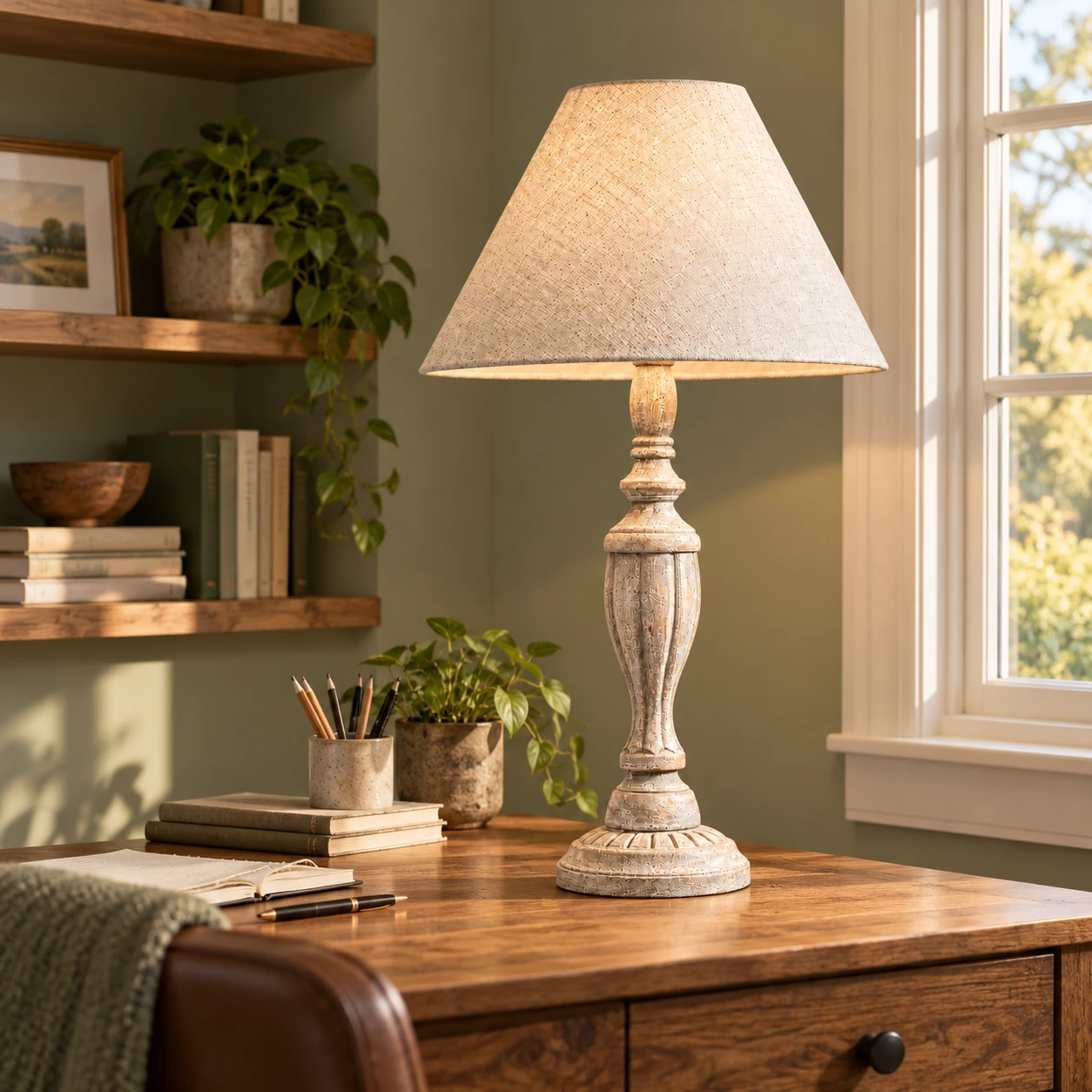 Distressed solid-wood column table lamp on a home office desk