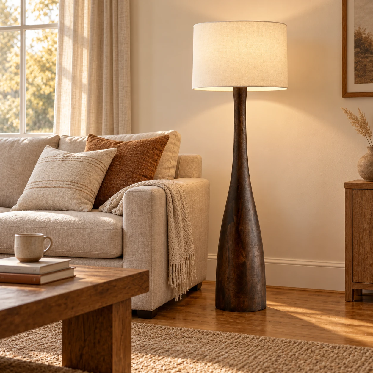 Floor lamp beside a living room sofa