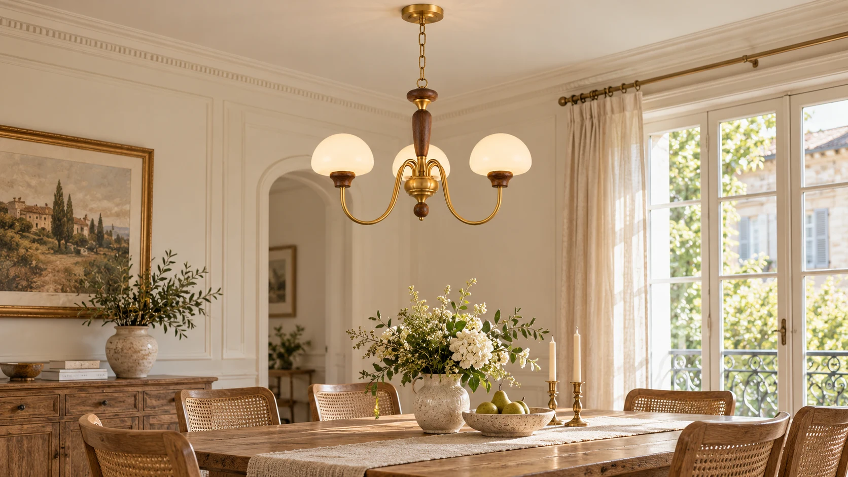 Adeline French Vintage Branch Wood & Glass Chandelier in a bright dining room