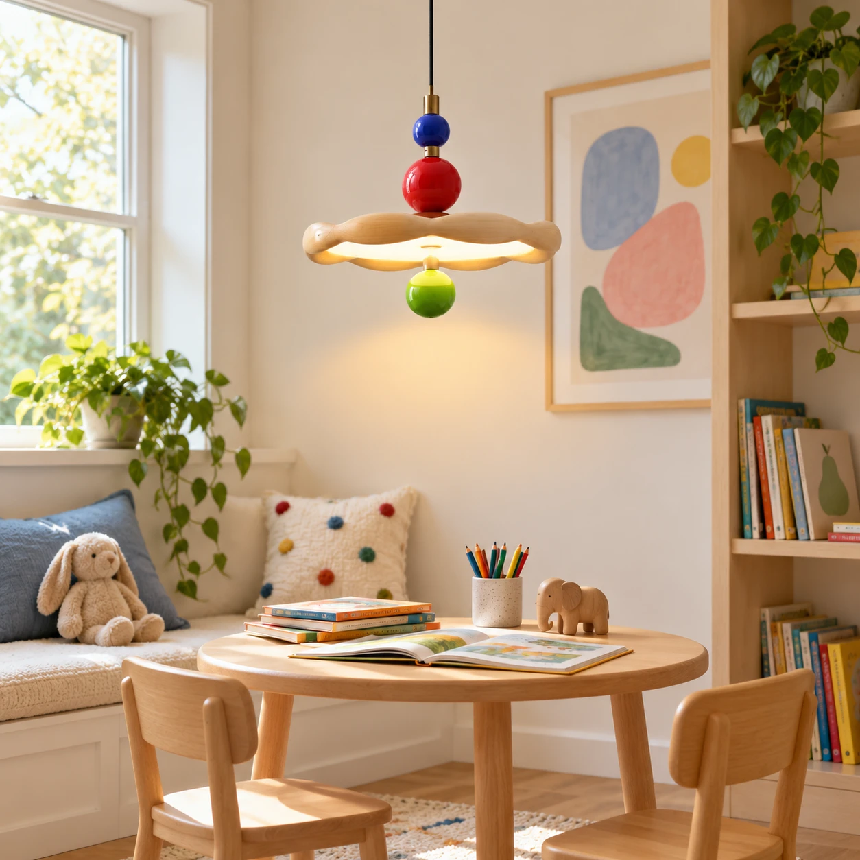 Jasper colorful wood pendant over a kids reading table