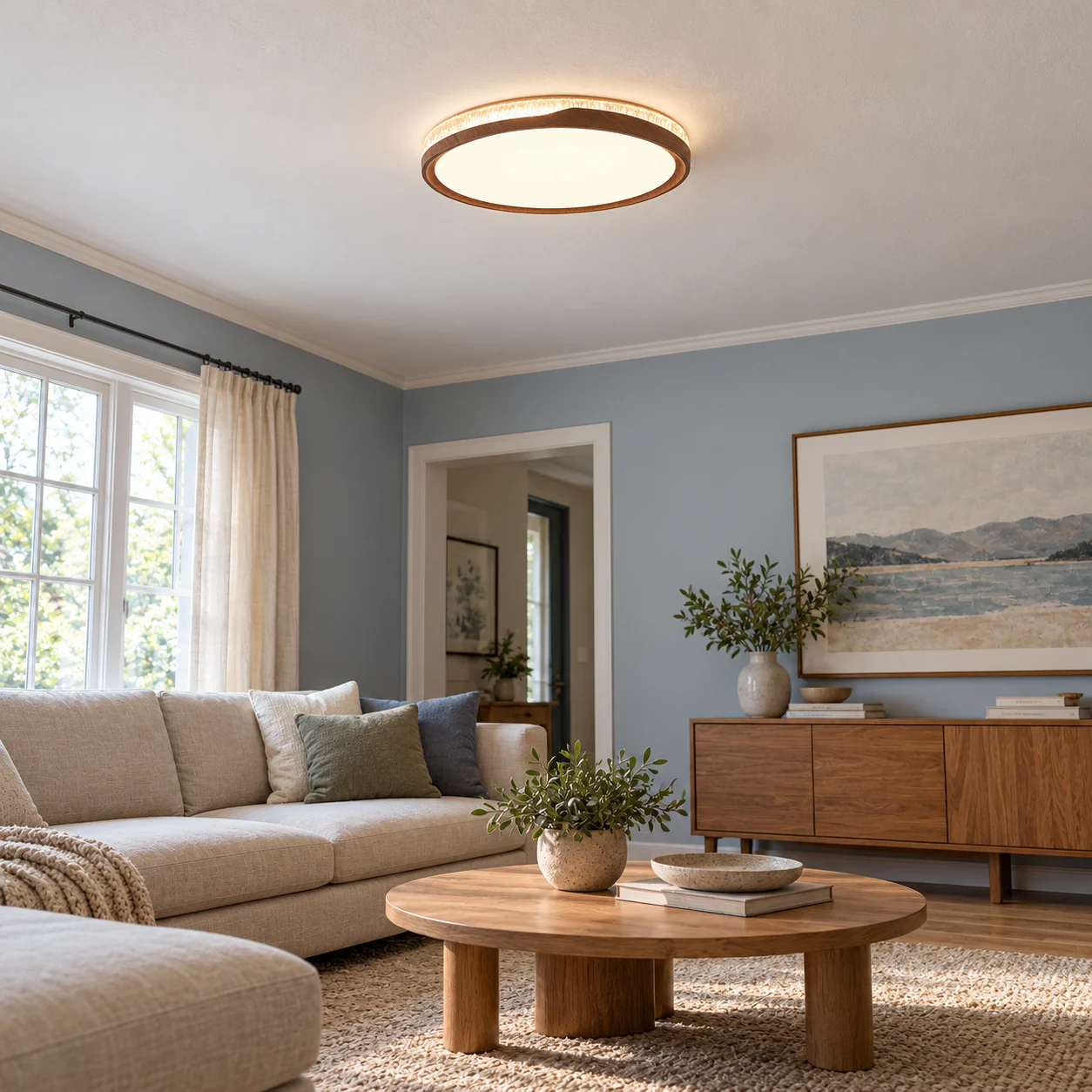 Living room mid view with the round walnut flush mount