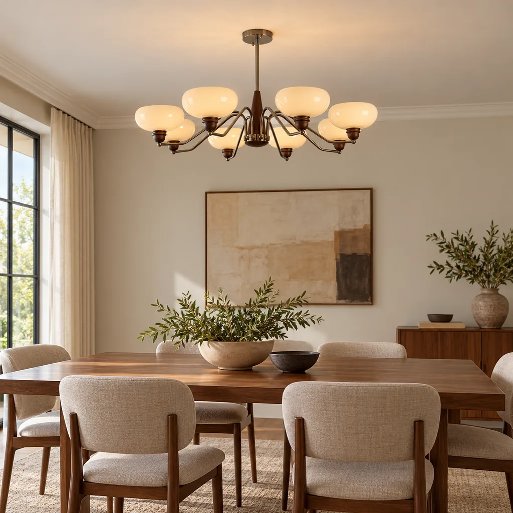 8-head warm pendant over a dining table