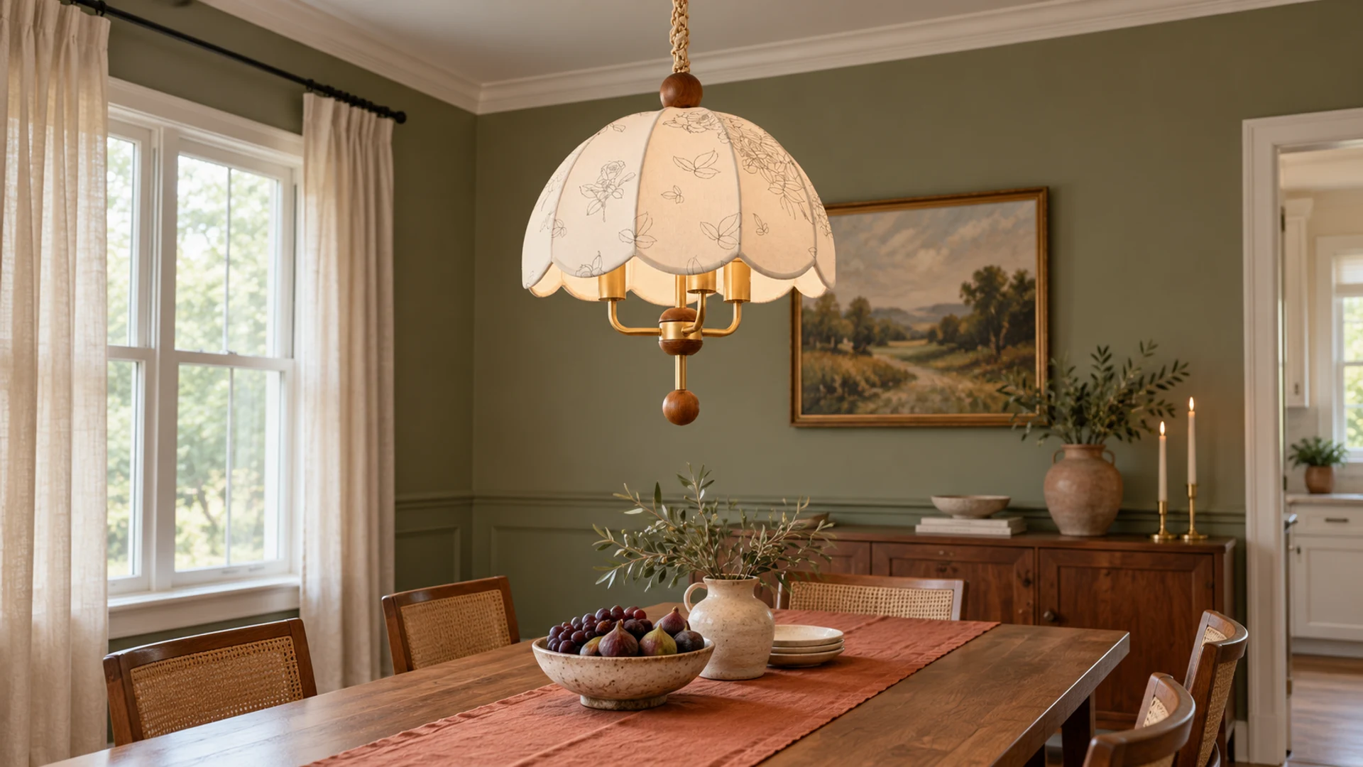 Camille French Vintage Scalloped Wood & Fabric Chandelier banner in a American home dining setting