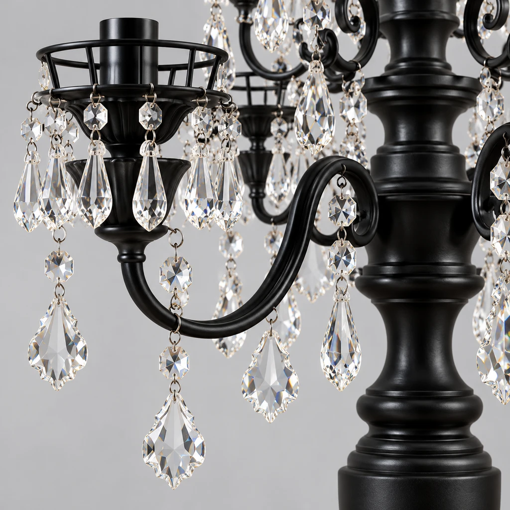 Close detail of hanging crystal drops and a curved black arm