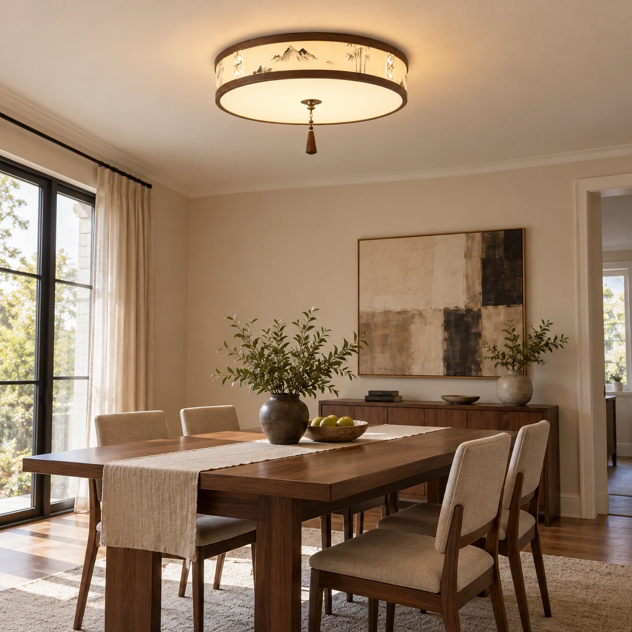 Mei landscape fabric flush mount ceiling light above a dining table
