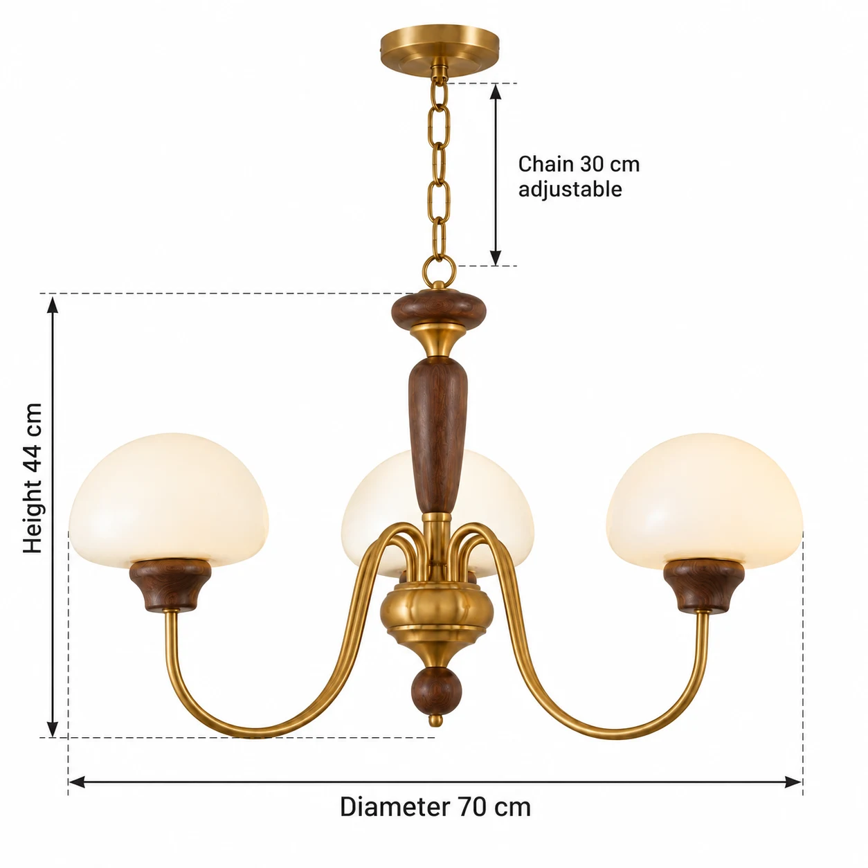 3-light dimensions: diameter 70 cm, body height 44 cm, adjustable chain 30 cm