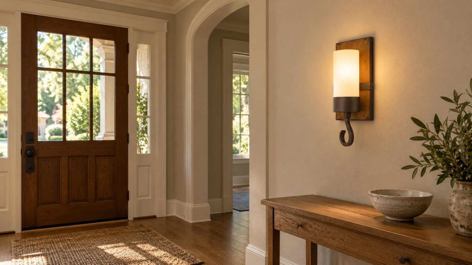 Wren rustic wood candle wall sconce in an entry foyer