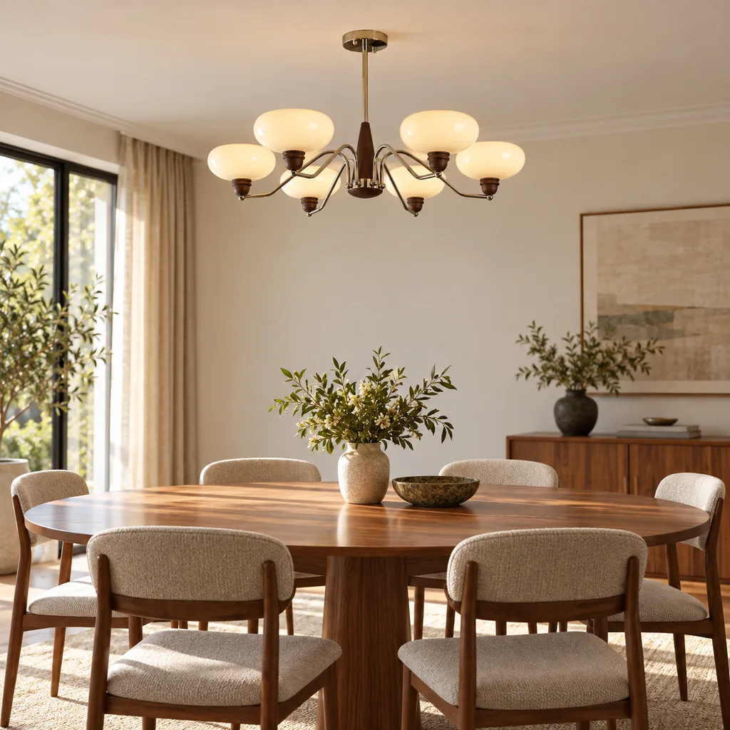 6-head warm pendant over a dining table