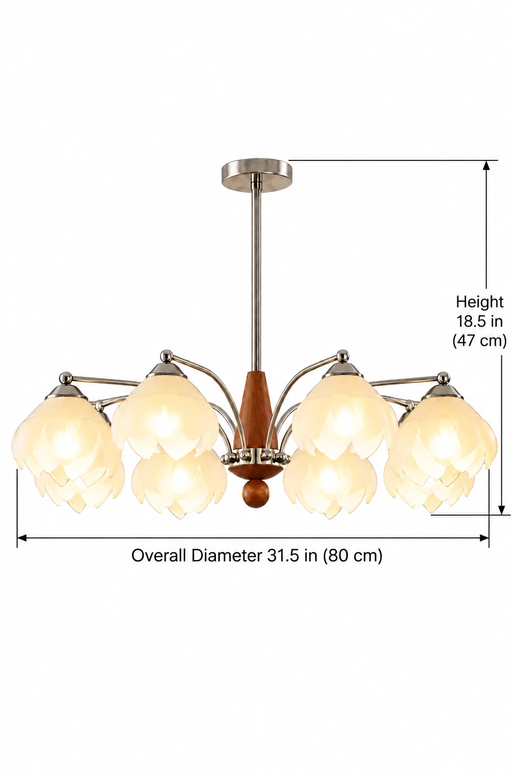Dimension diagram for 8-light overall diameter 31.5 in 80 cm height 18.5 in 47 cm