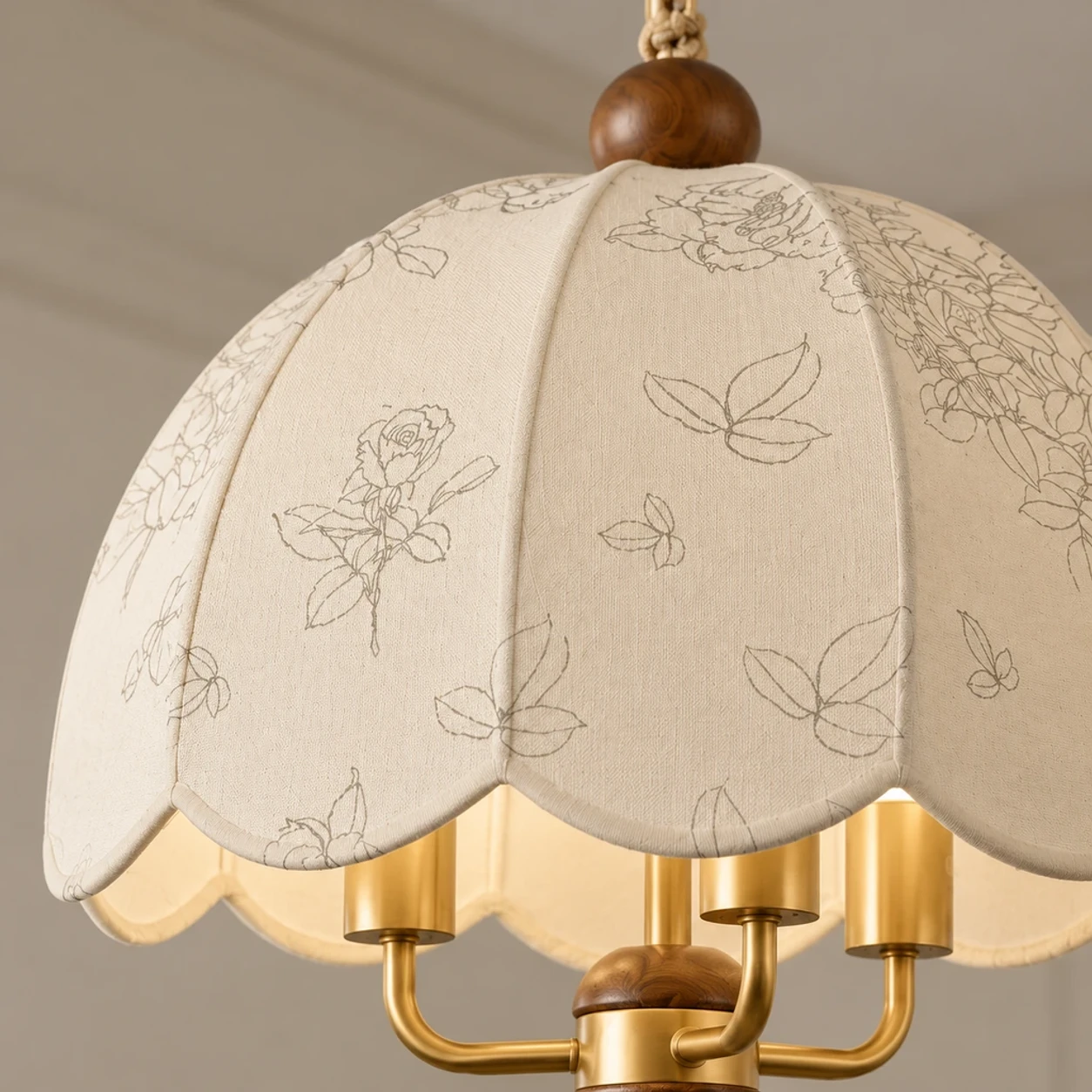 Close view of scalloped fabric floral shade